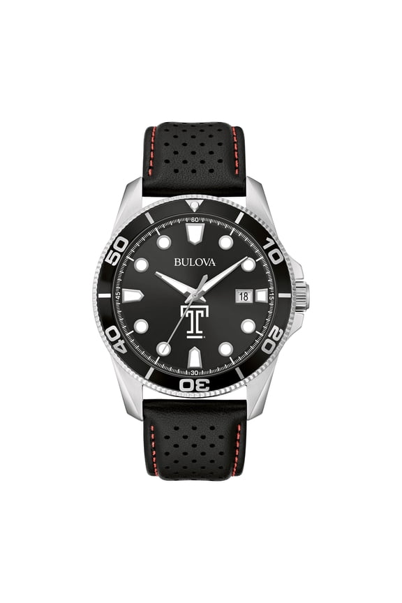 Men's Bulova Black Temple Owls Corporate Collection Leather Strap Watch