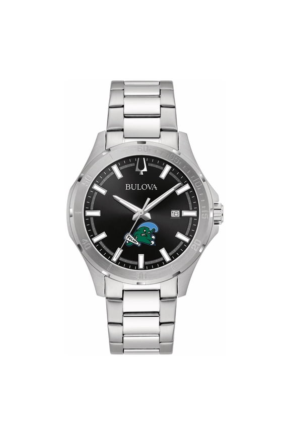 Men's Bulova Black Tulane Green Wave Stainless Steel Classic Sport Watch