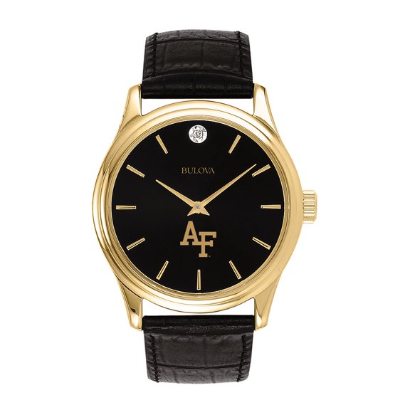 Men's Bulova Gold Air Force Falcons Leather Strap Watch with Diamond Black Dial