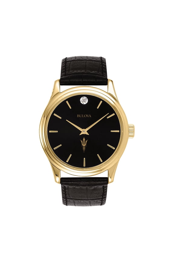Men's Bulova Gold Arizona State Sun Devils Leather Strap Watch with Diamond Black Dial