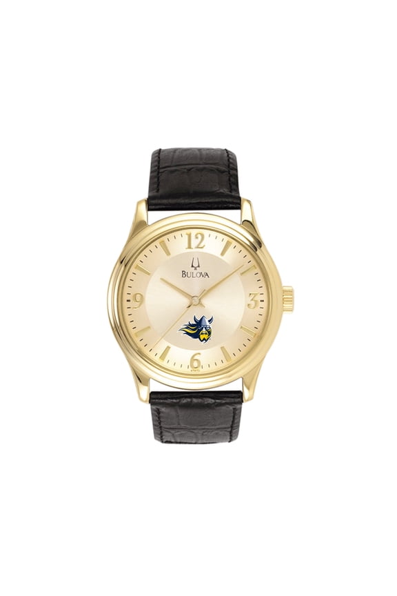 Men's Bulova Gold/Black Augustana Vikings Stainless Steel Watch with Leather Band