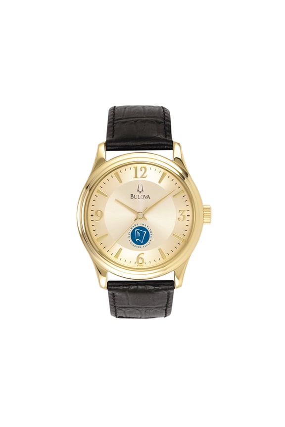 Men's Bulova Gold/Black Niagara Falls Culinary Institute Stainless Steel Watch with Leather Band