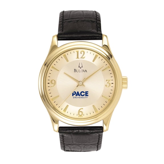 Men's Bulova Gold/Black Pace University Setters Stainless Steel Watch with Leather Band
