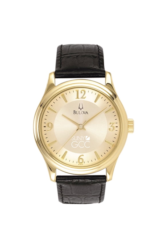 Men's Bulova Gold/Black SUNY Genesee Community College Stainless Steel Watch with Leather Band