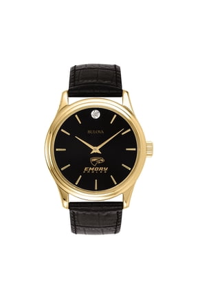 Men's Bulova Gold Emory Eagles Leather Strap Watch with Diamond Black Dial