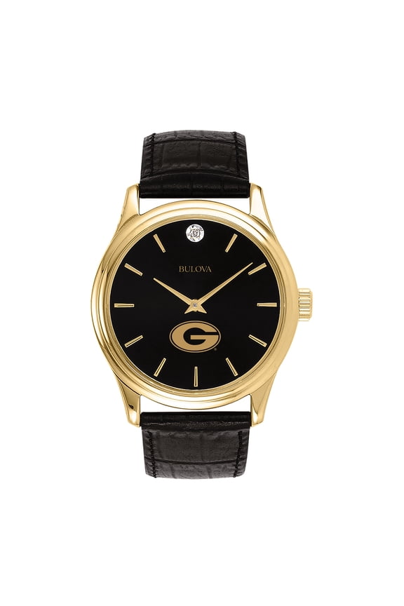 Men's Bulova Gold Georgia Bulldogs Leather Strap Watch with Diamond Black Dial