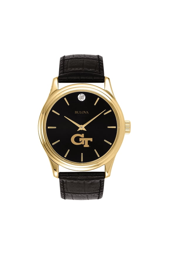 Men's Bulova Gold Georgia Tech Yellow Jackets Leather Strap Watch with Diamond Black Dial