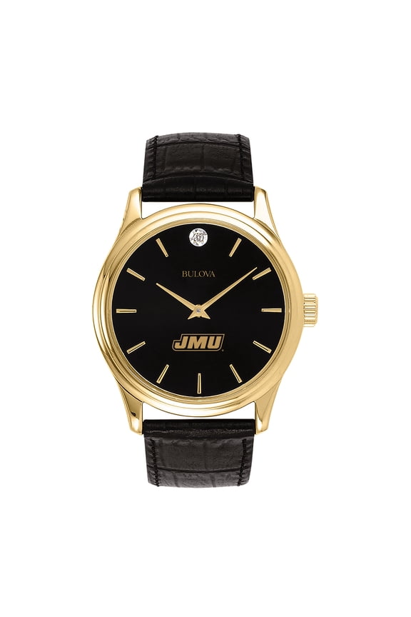 Men's Bulova Gold James Madison Dukes Leather Strap Watch with Diamond Black Dial