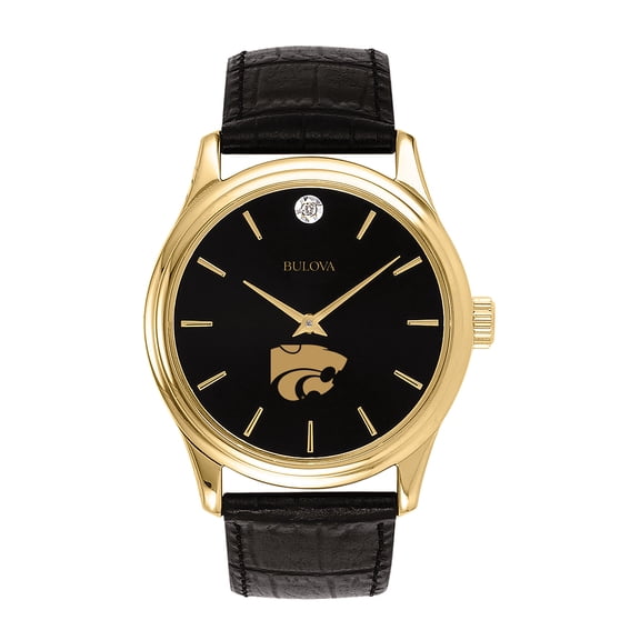 Men's Bulova Gold Kansas State Wildcats Leather Strap Watch with Diamond Black Dial