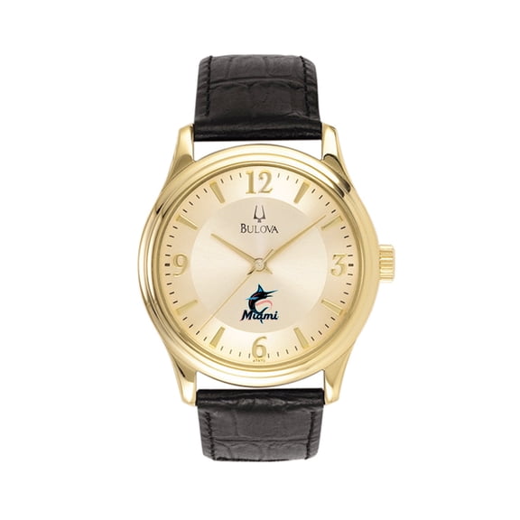 Men's Bulova Gold Miami Marlins Leather Strap Watch