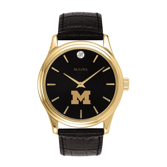 Men's Bulova Gold Michigan Wolverines Leather Strap Watch with Diamond Black Dial