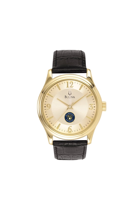 Men's Bulova Gold Milwaukee Brewers Leather Strap Watch