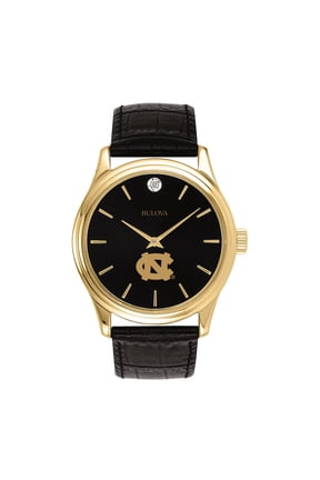 Men's Bulova Gold North Carolina Tar Heels Leather Strap Watch with Diamond Black Dial