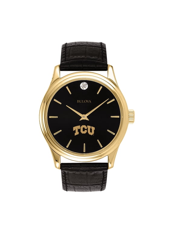 Men's Bulova Gold TCU Horned Frogs Leather Strap Watch with Diamond Black Dial