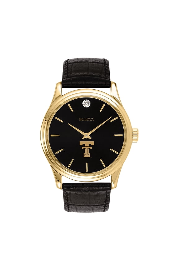 Men's Bulova Gold Texas Tech Red Raiders Leather Strap Watch with Diamond Black Dial