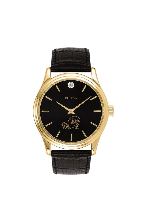 Men's Bulova Gold Tulane Green Wave Leather Strap Watch with Diamond Black Dial