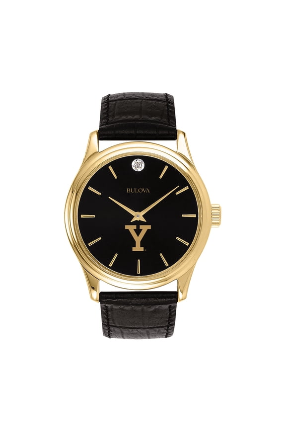 Men's Bulova Gold Yale Bulldogs Leather Strap Watch with Diamond Black Dial