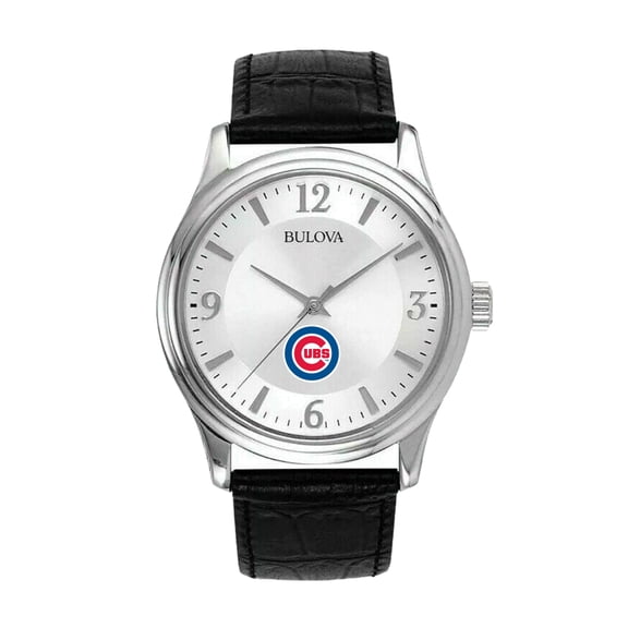 Men's Bulova Silver Chicago Cubs Leather Strap Watch