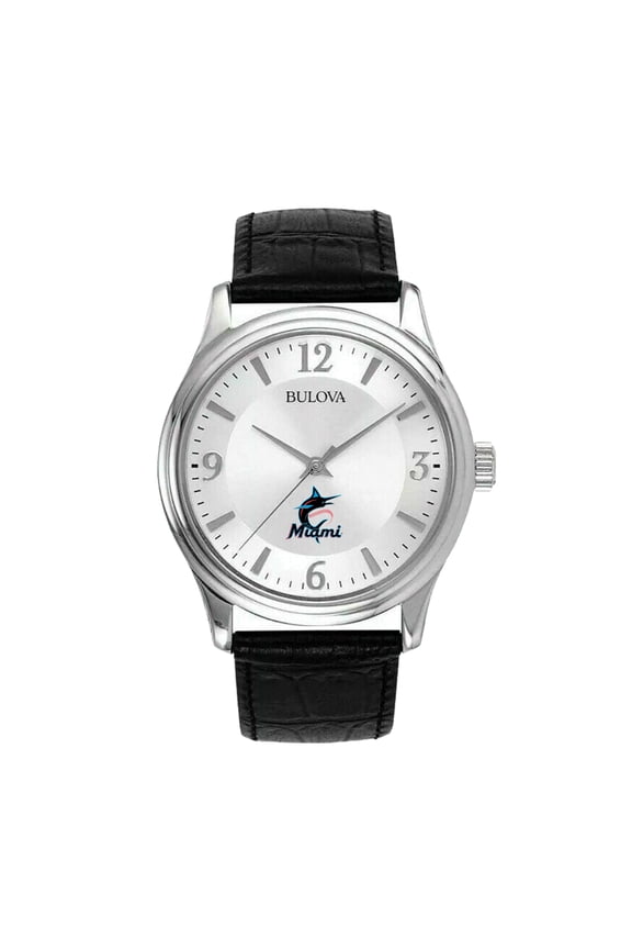 Men's Bulova Silver Miami Marlins Leather Strap Watch