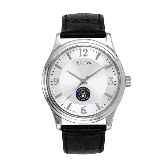 Men's Bulova Silver Milwaukee Brewers Leather Strap Watch