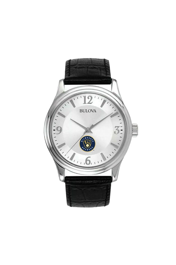 Men's Bulova Silver Milwaukee Brewers Leather Strap Watch