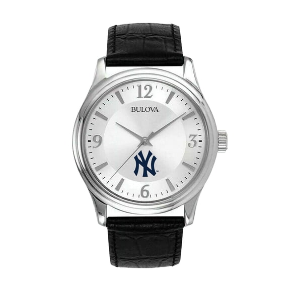 Men's Bulova Silver New York Yankees Leather Strap Watch