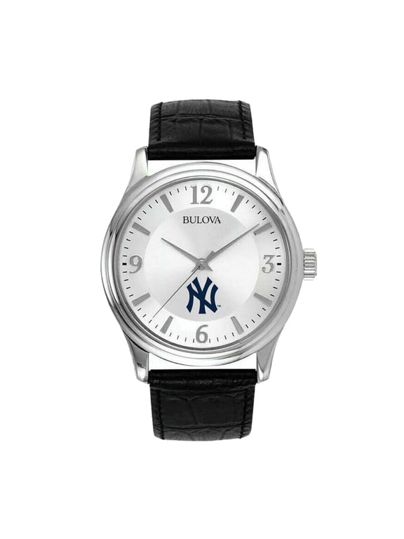 Men's Bulova Silver New York Yankees Leather Strap Watch