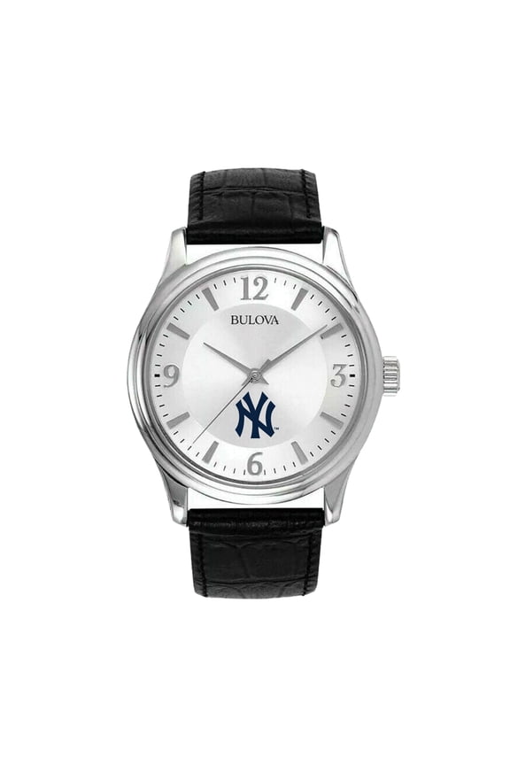 Men's Bulova Silver New York Yankees Leather Strap Watch