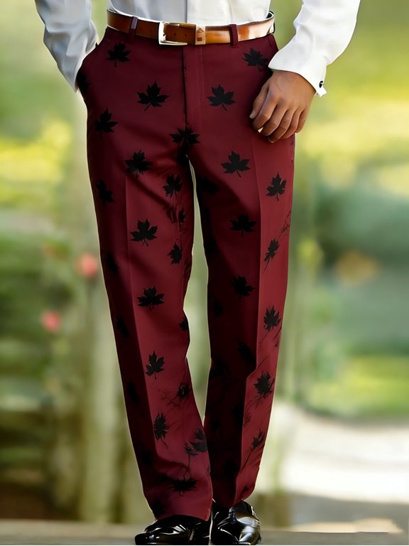 Men's Burgundy Black Maple Leaf Print Dress Pants, Vintage Aesthetic Style, All-Season Formal Wear for Adults, Ideal for Date, Commute & Daily Occasions