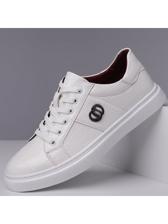 Men's Burgundy Croc Embossed Casual Leather Sneakers, Lace Up Round Toe Microfiber Leather Flat Skate Shoes, 2026 Summer New Arrival