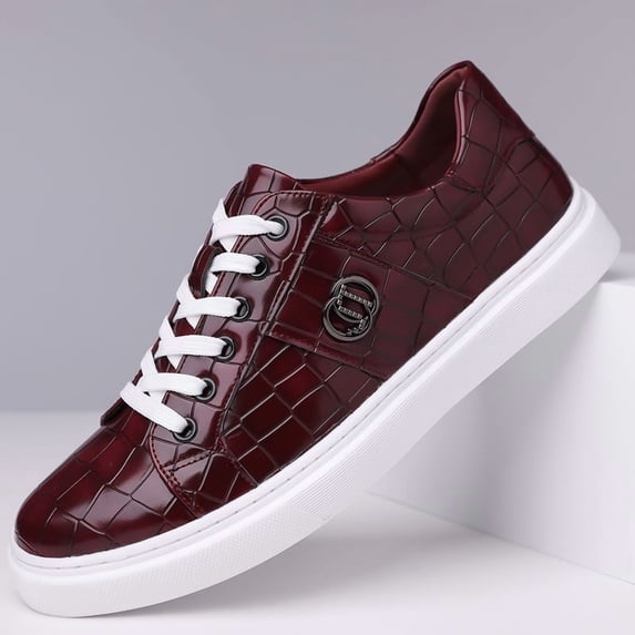 Men's Burgundy Croc Embossed Casual Leather Sneakers, Lace Up Round Toe Microfiber Leather Flat Skate Shoes, 2026 Summer New Arrival