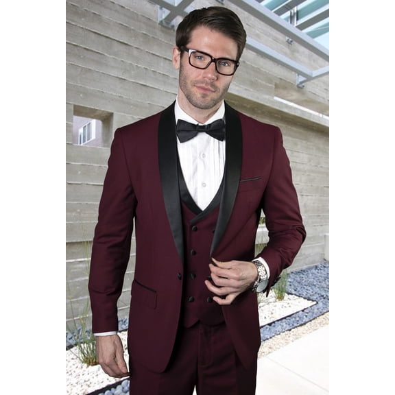 Men's  Burgundy Wool Shawl Tuxedo with Double Breasted Vest 38 Short