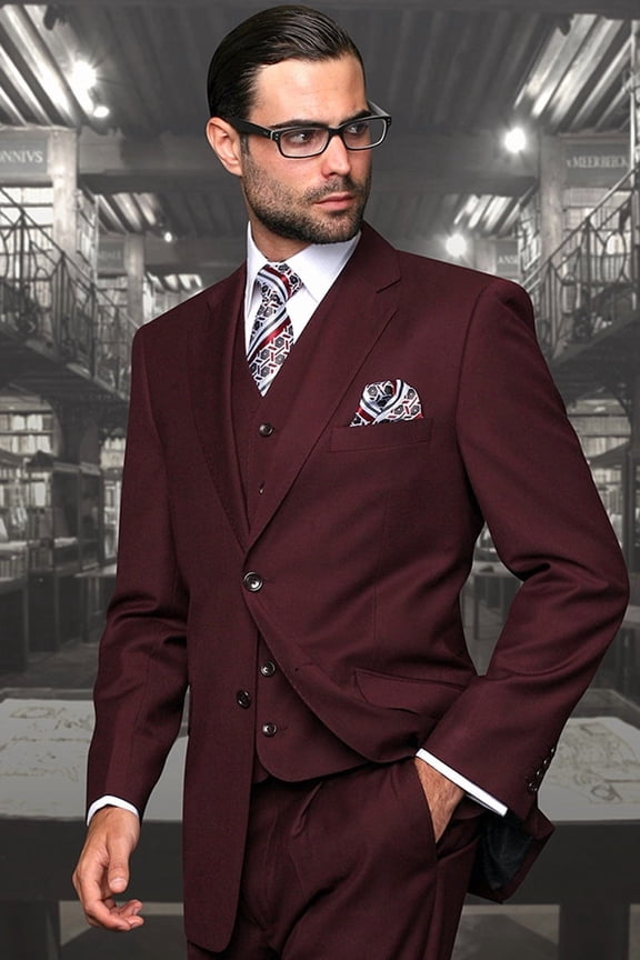 Men's Statement Suits Burgundy Wool Suit with Extra Length 54 Long