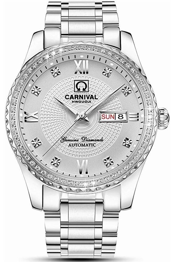 Men's Business Automatic Self Wind Watch Stainless Steel Waterproof Luminous Bezel Inlay Crystals Watch