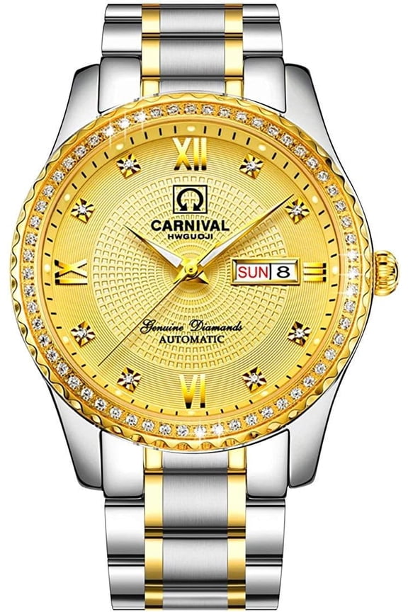 Men's Business Automatic Self Wind Watch Stainless Steel Waterproof Luminous Bezel Inlay Crystals Watch