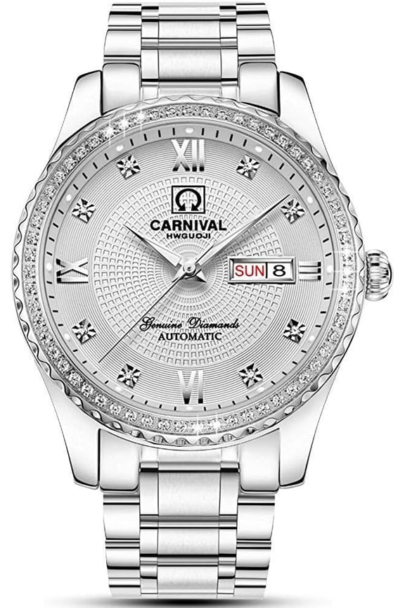 Men's Business Automatic Self Wind Watch Stainless Steel Waterproof Luminous Bezel Inlay Crystals Watch
