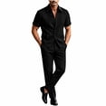 thumbnail image 1 of Men's Business Casual 2 Piece Suit Set, Short Sleeve Lapel Collar Button Down Shirt & High Waist Straight Leg Dress Pants, Loose Fit formal Daily office Outfit Black, 1 of 5