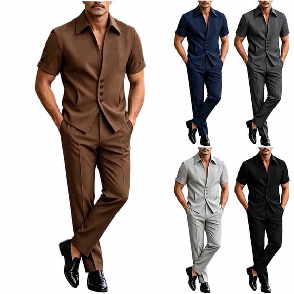Men's Business Casual 2 Piece Suit Set, Short Sleeve Lapel Collar Button Down Shirt & High Waist Straight Leg Dress Pants, Loose Fit formal Daily office Outfit Brown