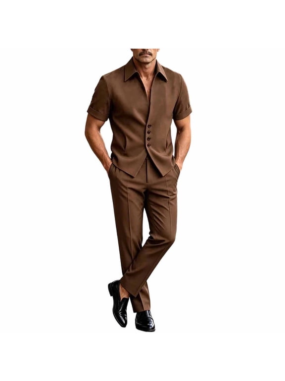 Men's Business Casual 2 Piece Suit Set, Short Sleeve Lapel Collar Button Down Shirt & High Waist Straight Leg Dress Pants, Loose Fit formal Daily office Outfit Brown