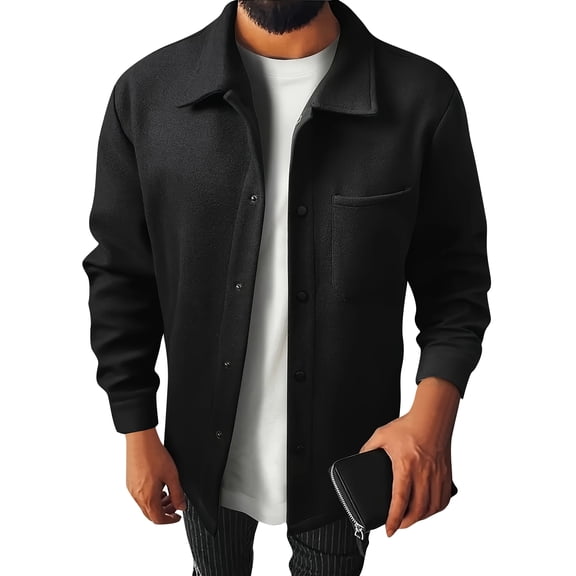 Men's Business Casual Lapel Pocket Jacket, Solid-Colored Brushed Fleece Coat, Black, S