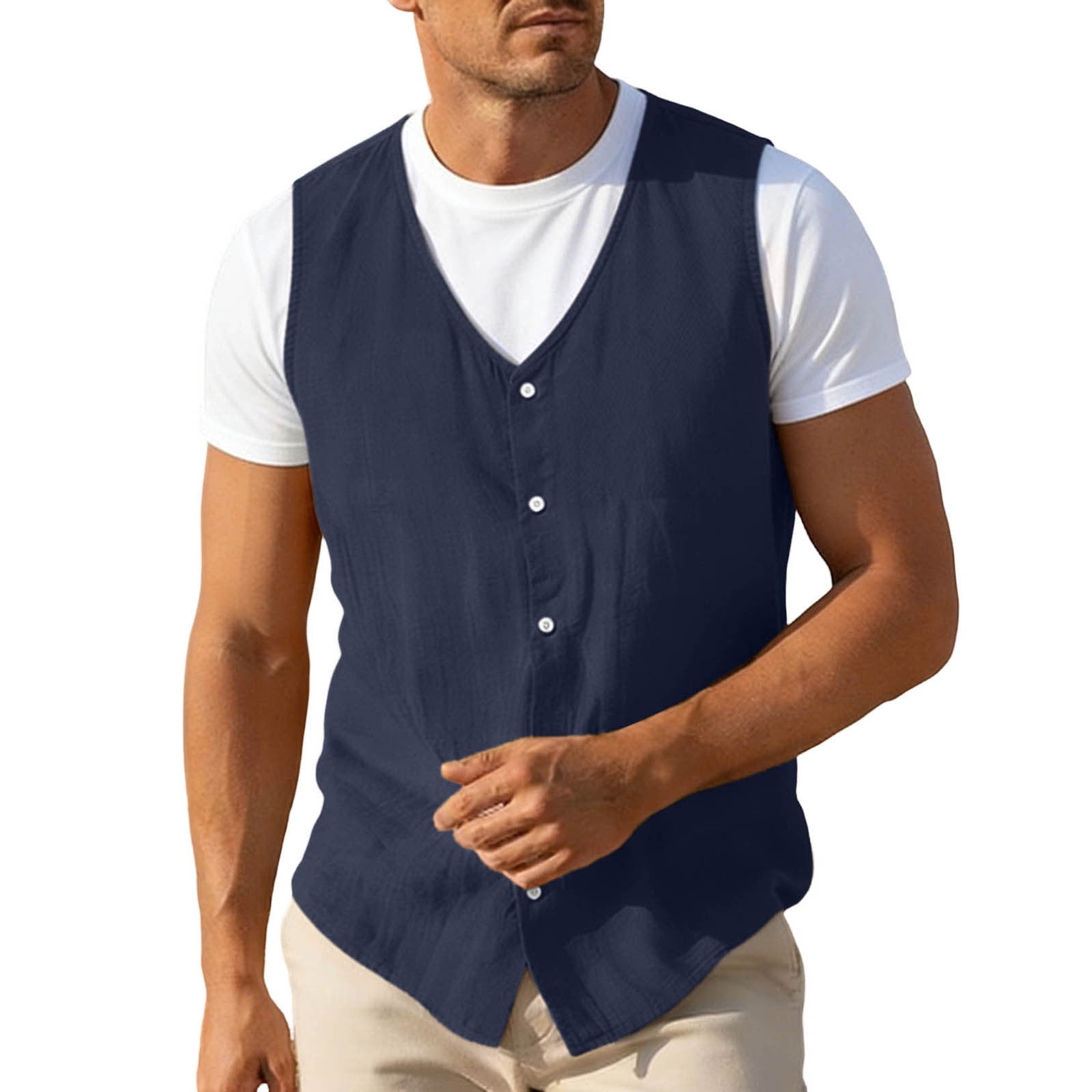 Men's Business Casual Linen Vest Lightweight Breathable Sleeveless