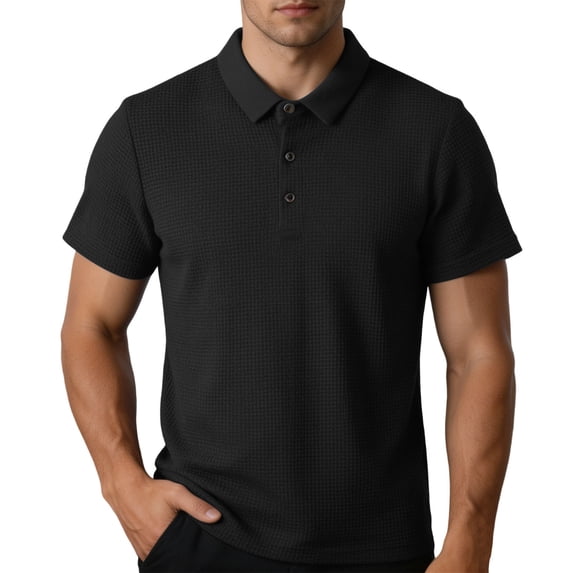 Men's Business Casual Polo Shirt, Waffle Knit Short Sleeve Breathable Top for office & Summer Size M-4XL Black