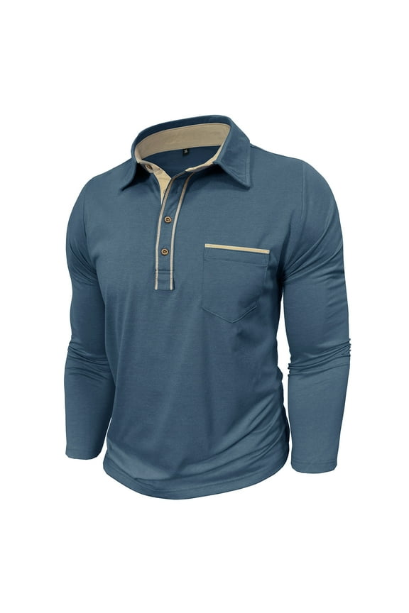 Men's Business Casual Polo Shirts Classic Long Sleeve Turndown Tops Cotton Golf Henley Tops with Pocket