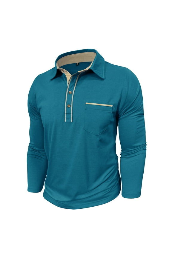Men's Business Casual Polo Shirts Classic Long Sleeve Turndown Tops Cotton Golf Henley Tops with Pocket