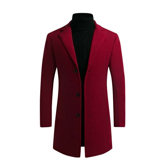 Men's Business Casual Suit Coat Notched Collar Single Breasted Jacket Long Sleeved Button Warm Trench Coat Wine L