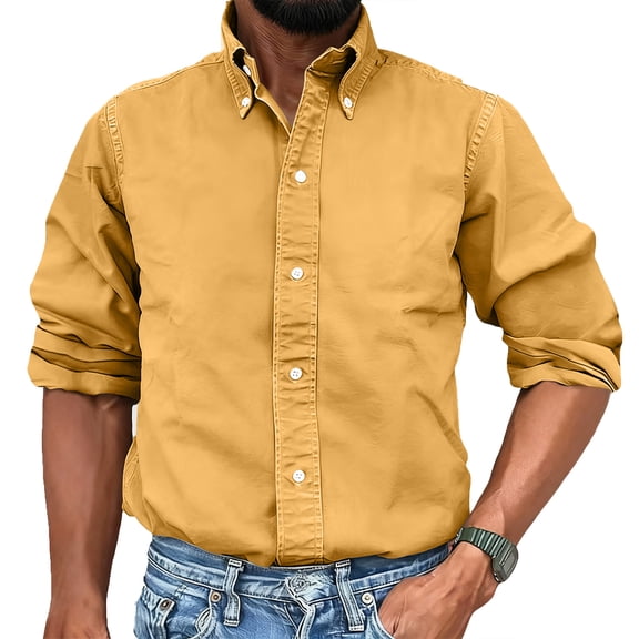 Men's Business Daily Versatile Shirt with Flip Collar and Button Design, Solid Color for Office, Urban Wear, and Formal Occasions,Earthy Yellow,XL