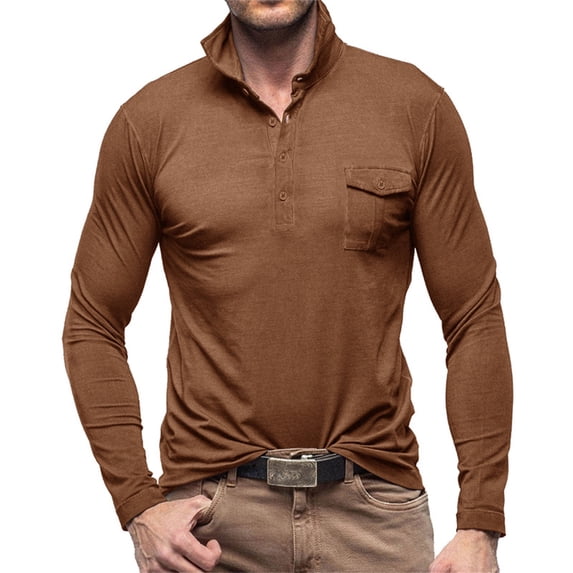 Mens Cotton Muscle Slim Fitted Sport T-Shirt with Button Men's Muscle Polo Shirts Basic Crewneck Long Sleeve Longline T-Shirt Stretch Gym Workout Athletic Shirt Tees with Pockets Collared Shirt