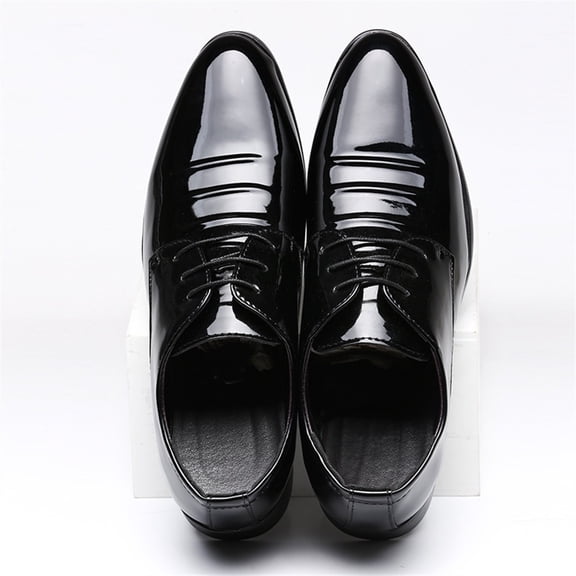 Men's Business Dress Stand Heel Pointed Patent Leather Glossy Wedding Shoes