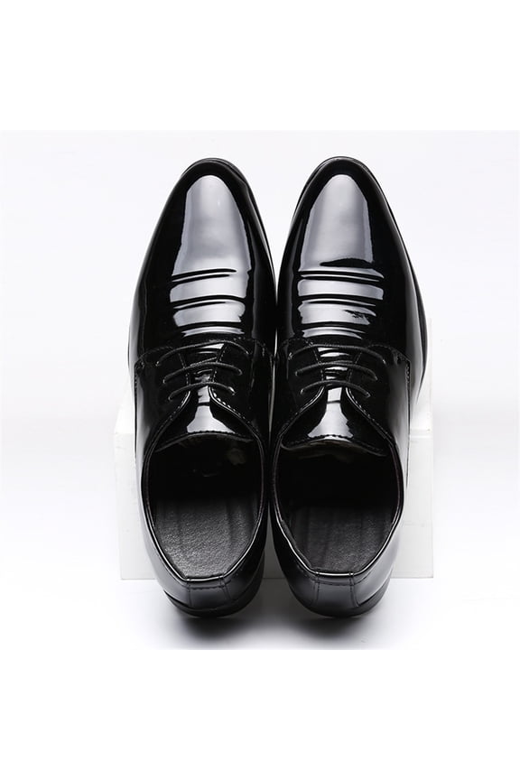 Men's Business Dress Stand Heel Pointed Patent Leather Glossy Wedding Shoes