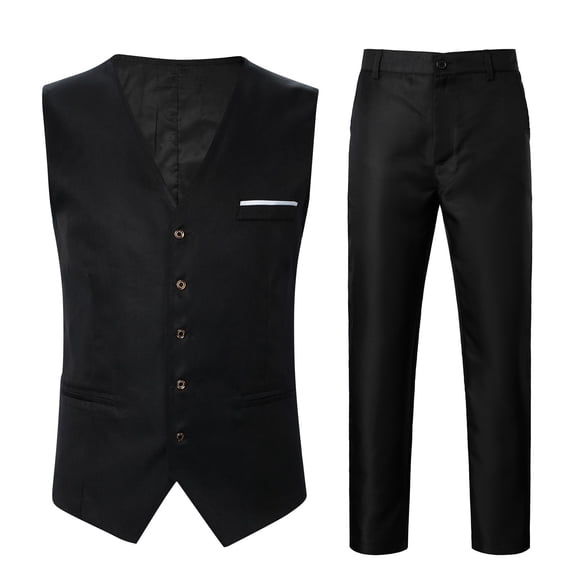Men's Business Formal Dress Vest Casual Wedding Banquet Waistcoat V-Neck Sleeveless Slim Fit Dinner Party Suit Vest with Trousers Two-Piece Set